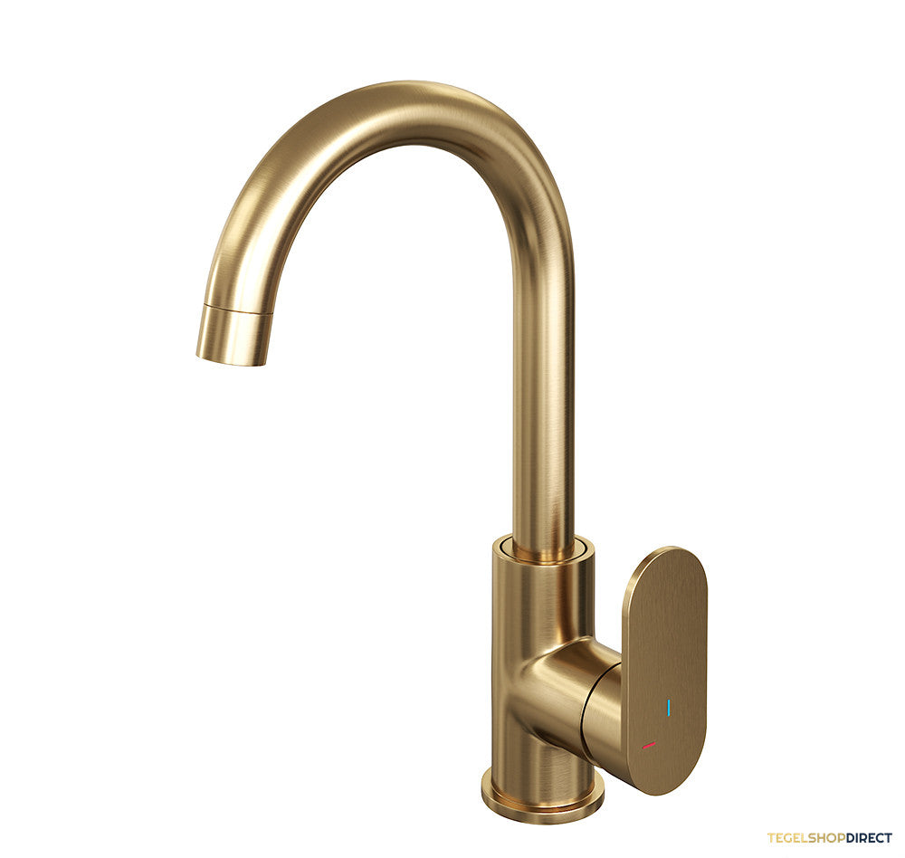 Wastafelmengkraan Brauer Gold Edition Coldstart Opbouw Hoog Gebogen Platte Hendel Geborsteld Goud PVD