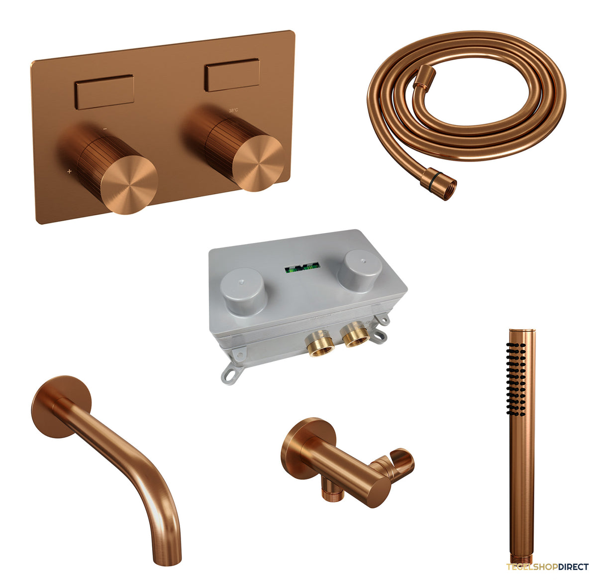 Brauer Stripe thermostatische inbouw badkraan met drukknoppen SET 03 met uitloop en staaf handdouche en doucheslang en wandaansluitbocht koper geborsteld PVD – afbeelding 2