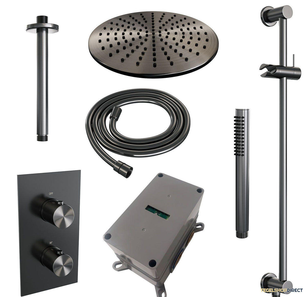 Regendoucheset Inbouw Brauer Gunmetal Edition Thermostatisch 30cm met 3-Weg Omstelling, Plafondarm, Glijstang en Staaf Handdouche Geborsteld Gunmetal – afbeelding 3