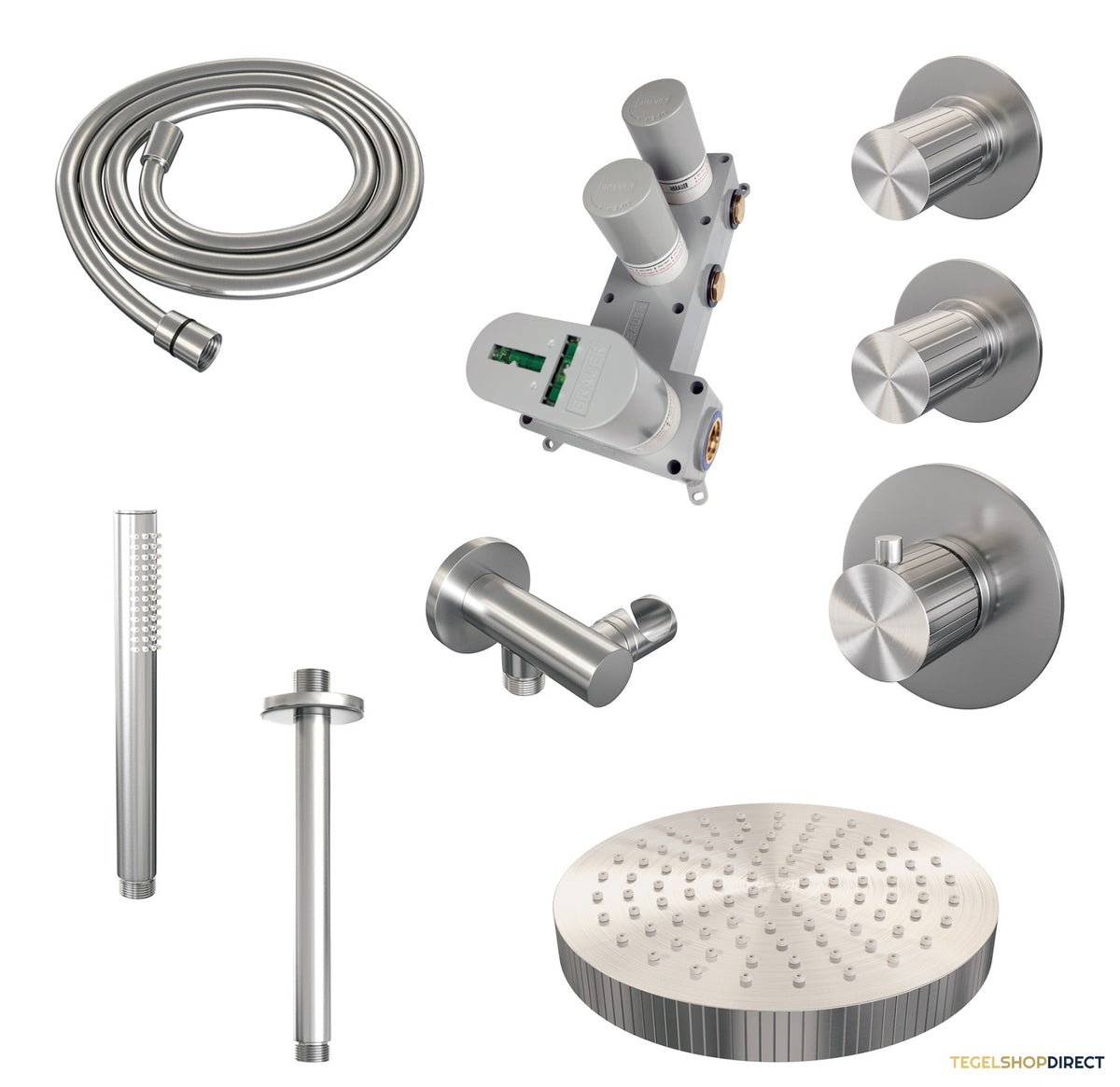Brauer Stripe thermostatische inbouw regendouche SET 03 met 25 cm douchekop en plafondarm en staaf handdouche en doucheslang en wandaansluitbocht RVS-kleurig geborsteld PVD – afbeelding 3