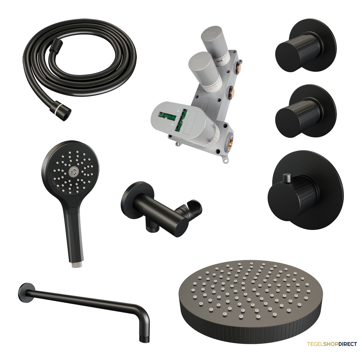 Brauer Stripe thermostatische inbouw regendouche SET 05 met 25 cm douchekop en gebogen muurarm en 3-standen handdouche en doucheslang en wandaansluitbocht mat zwart – afbeelding 3