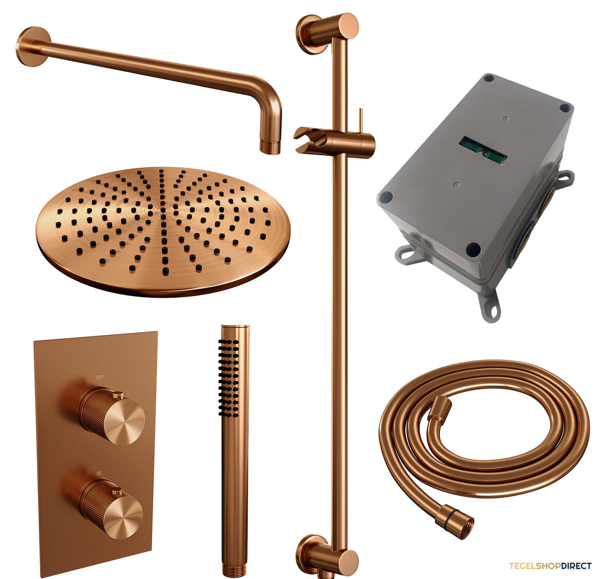 Regendoucheset Inbouw Brauer Copper Carving Thermostatisch 30cm met 3-Weg Omstelling, Gebogen Wandarm, Glijstang en Staaf Handdouche Geborsteld Koper – afbeelding 3