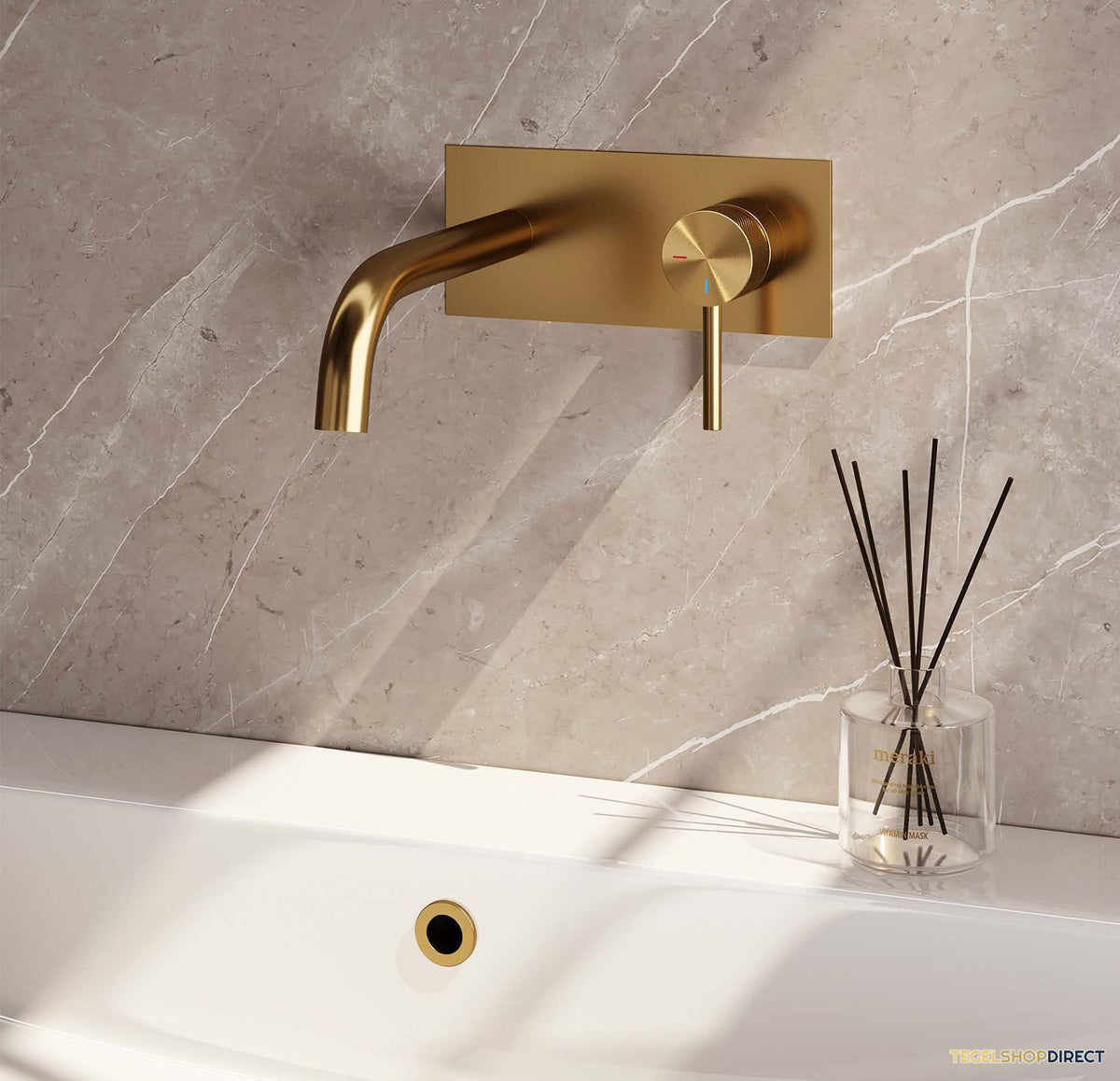 Inbouw Wastafelmengkraan Brauer Gold Carving Coldstart Gebogen Uitloop Ronde Hendel Rechts Geborsteld Goud PVD Met Afdekplaat – afbeelding 2