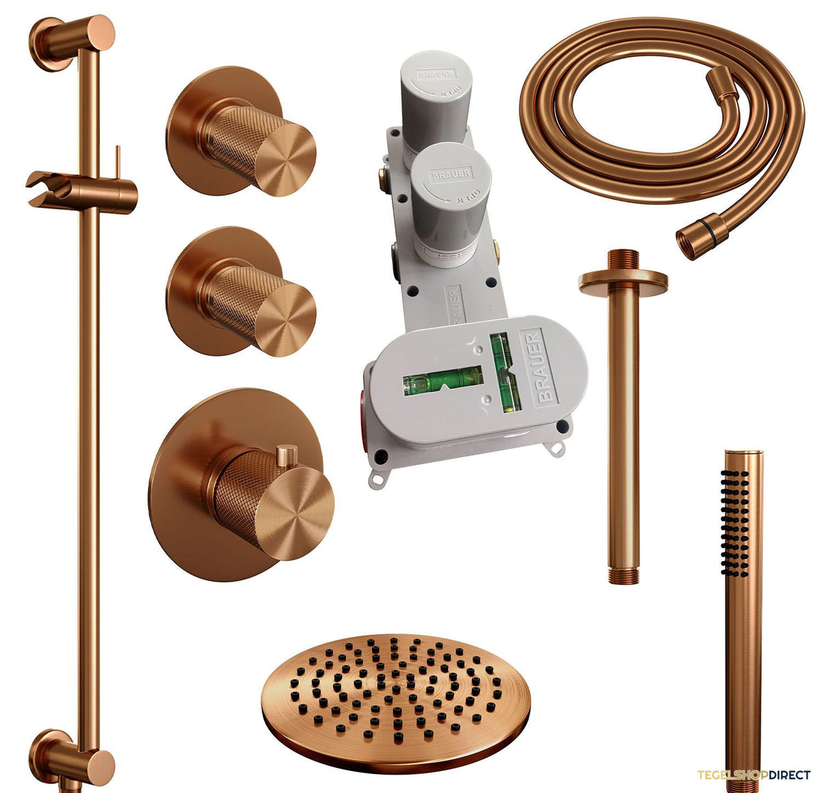 Regendoucheset Inbouw Brauer Copper Carving Thermostatisch 20cm met Plafondarm, Glijstang en Handdouche Staaf Losse Stopkranen Geborsteld Koper – afbeelding 3