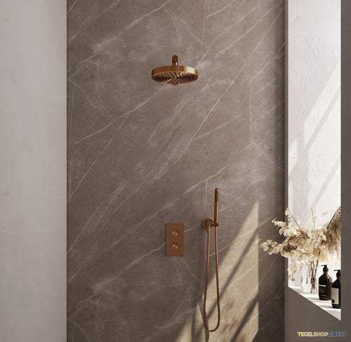 Brauer Stripe thermostatische inbouw regendouche 3-weg rechthoekig SET 13 met 25 cm douchekop en rechte muurarm en staaf handdouche en doucheslang en wandaansluitbocht koper geborsteld PVD