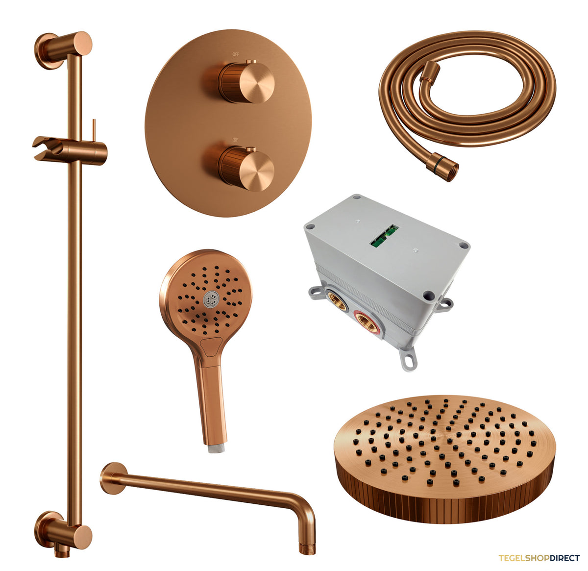 Brauer Stripe thermostatische inbouw regendouche 3-weg rond SET 47 met 25 cm douchekop en gebogen muurarm en 3-standen handdouche en doucheslang en geintegreerde glijstang koper geborsteld PVD – afbeelding 3