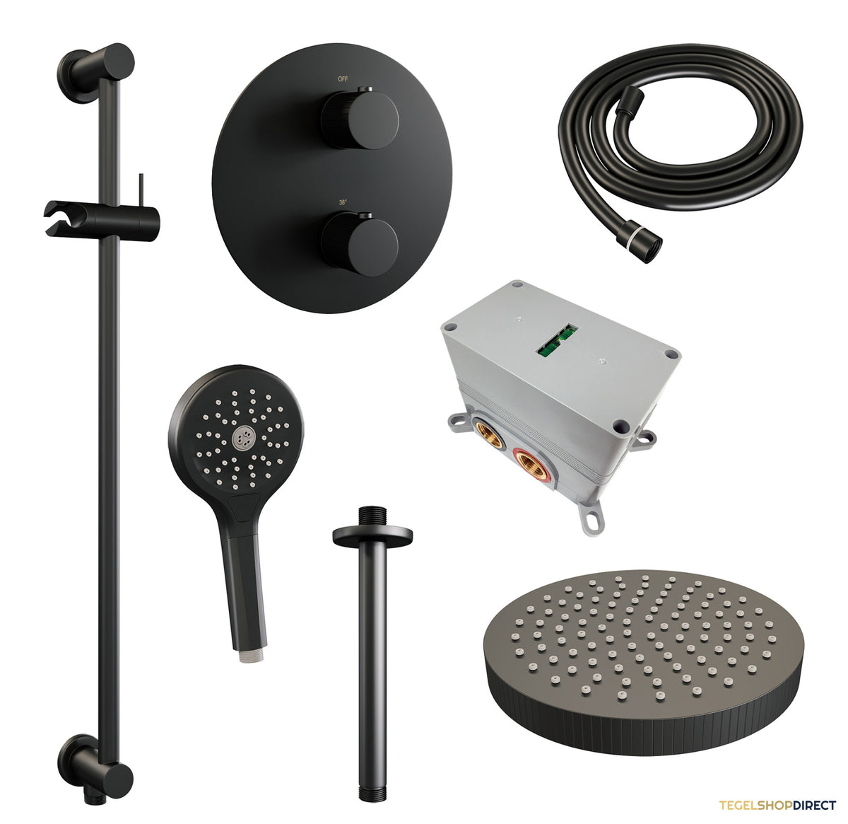 Brauer Stripe thermostatische inbouw regendouche 3-weg rond SET 48 met 25 cm douchekop en plafondarm en 3-standen handdouche en doucheslang en geintegreerde glijstang mat zwart – afbeelding 3