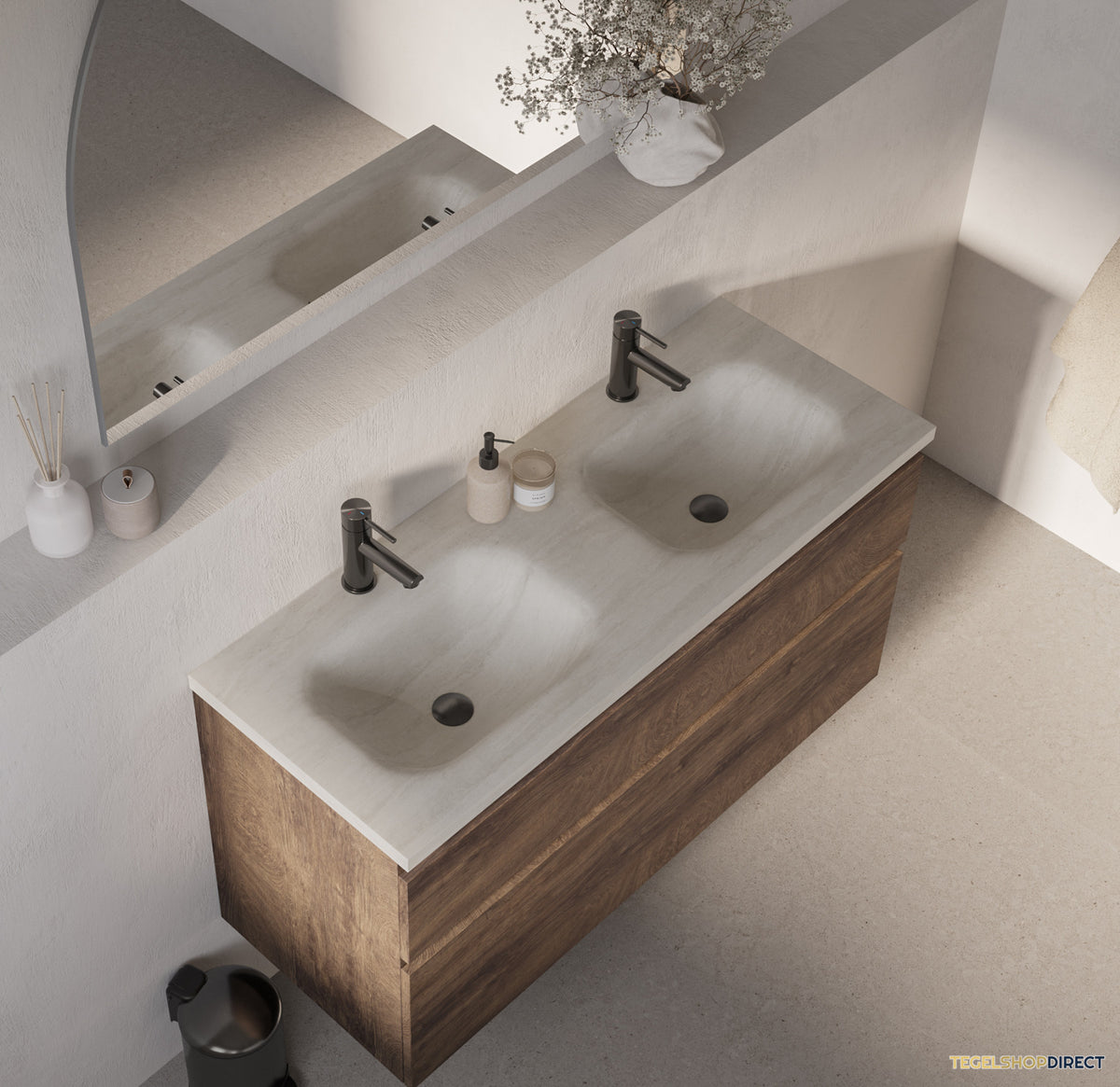BRAUER Dune Medium wastafel 120 cm met 2 wasbakken en 2 kraangaten Sintered Stone Ivory Travertin – afbeelding 2