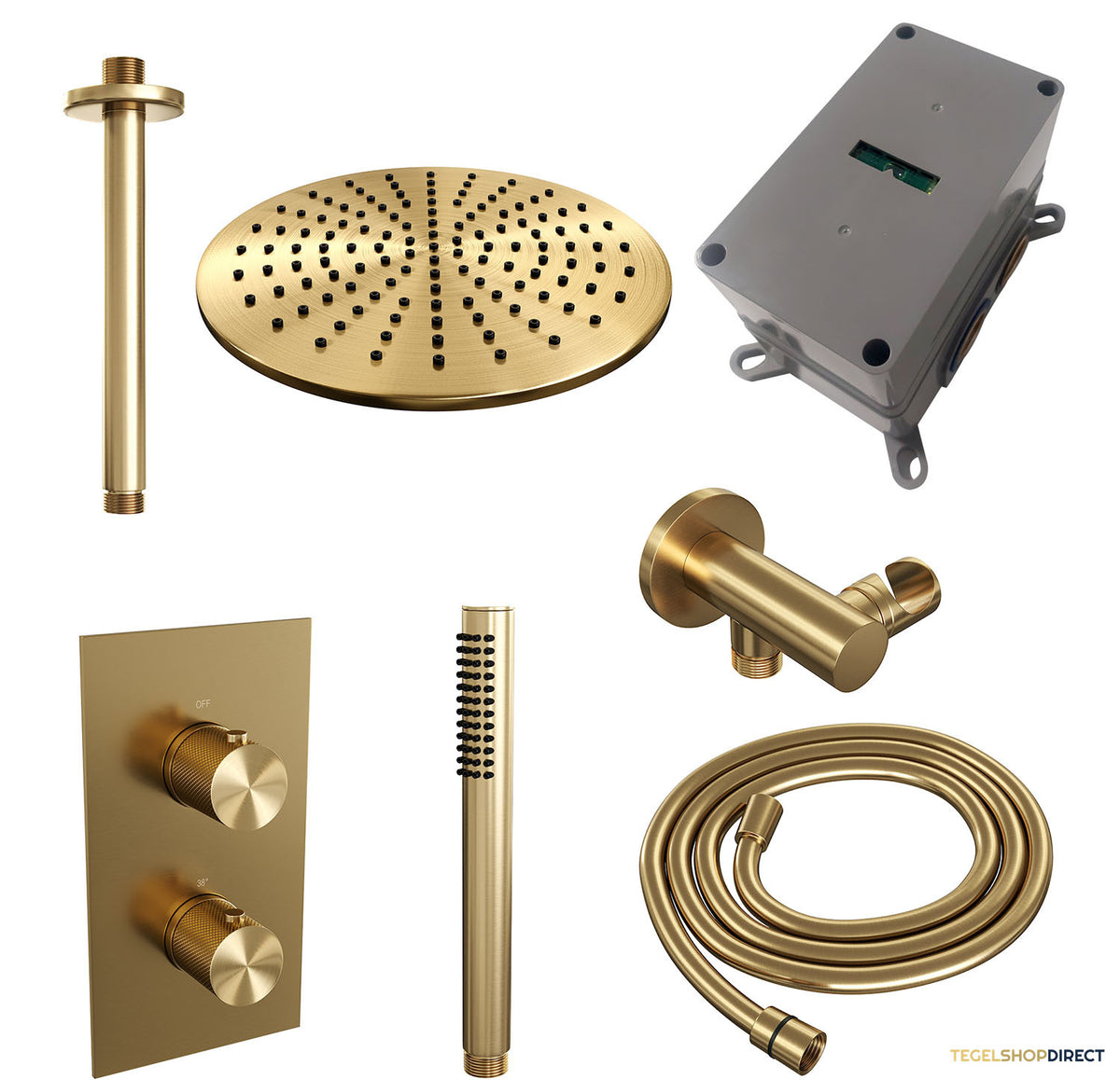 Regendoucheset Inbouw Brauer Gold Carving Thermostatisch 30cm met 3-Weg Omstelling, Plafondarm en Staaf Handdouche Geborsteld Goud – afbeelding 4