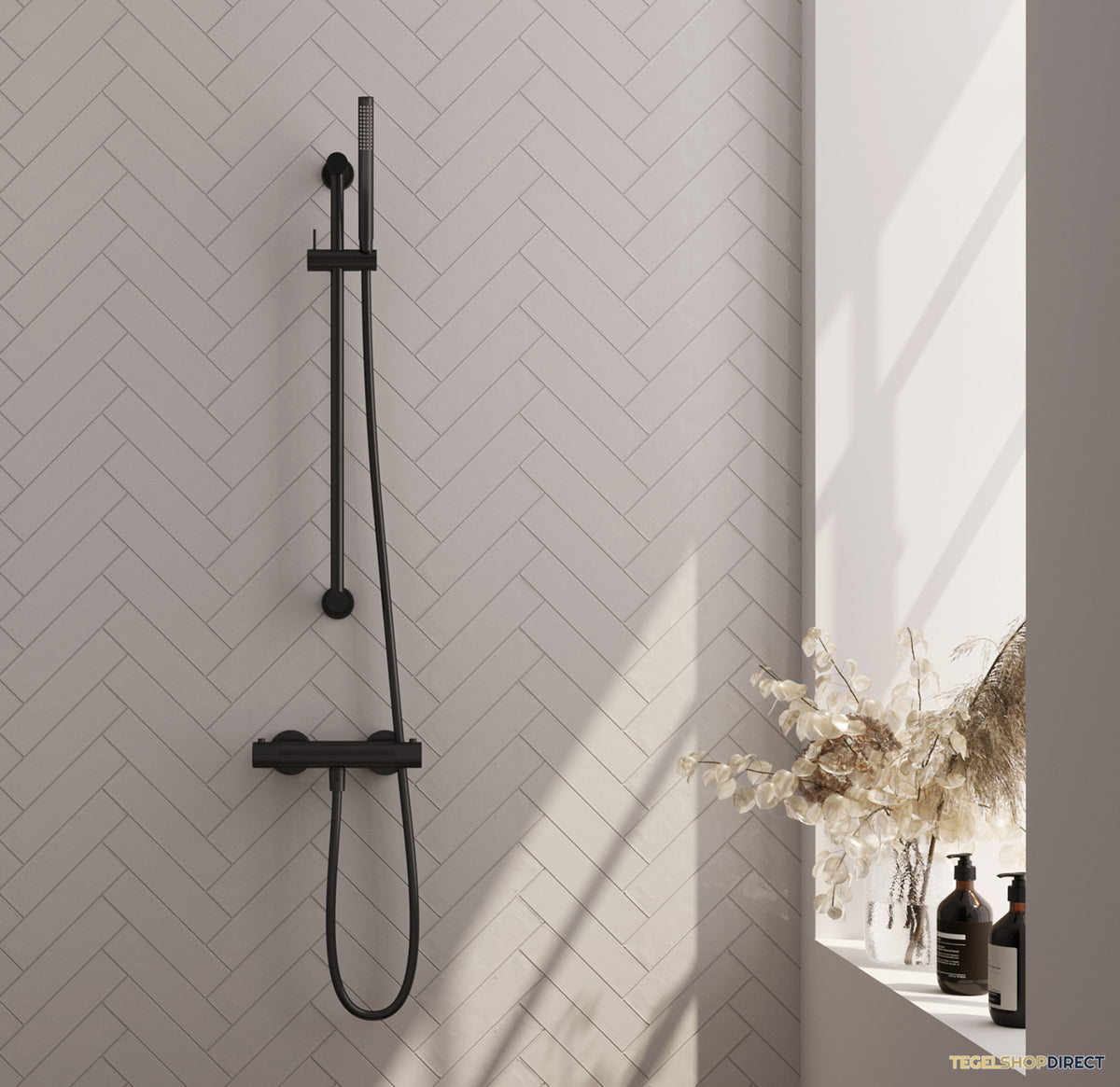 Brauer Stripe opbouw douche thermostaatkraan SET 01 met glijstang en staaf handdouche en doucheslang mat zwart