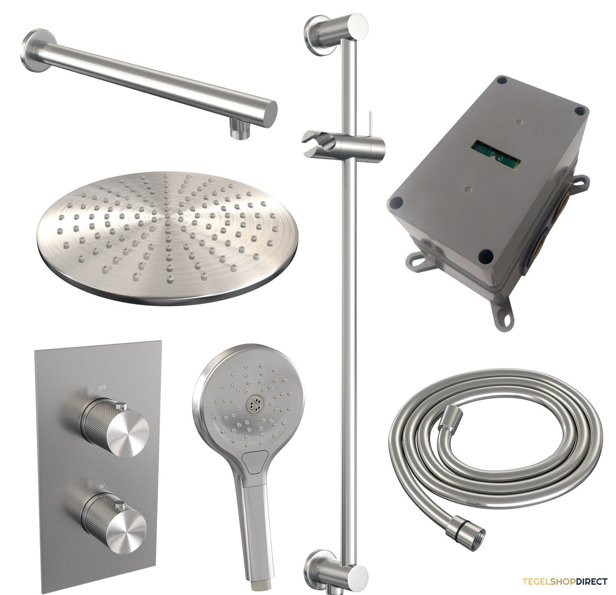 Regendoucheset Inbouw Brauer Brushed Carving Thermostatisch 30cm met 3-Weg Omstelling, Wandarm, Glijstang en 3-Standen Handdouche Geborsteld RVS – afbeelding 9