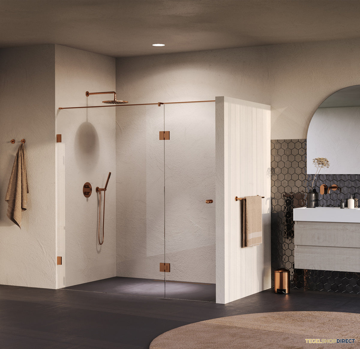 BRAUER Void Carving nisdeur 2-delig helder glas 200x200 omkeerbaar met draaideur 70 aan glas incl. glascoating PVD koper geborsteld – afbeelding 2