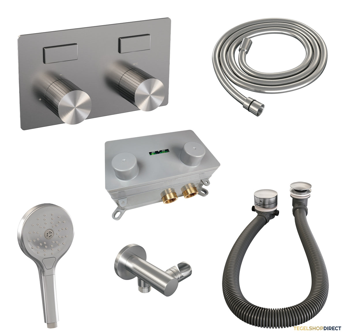 Brauer Stripe thermostatische inbouw badkraan met drukknoppen SET 04 met badvulcombinatie en 3-standen handdouche en doucheslang en wandaansluitbocht RVS-kleurig geborsteld PVD – afbeelding 2