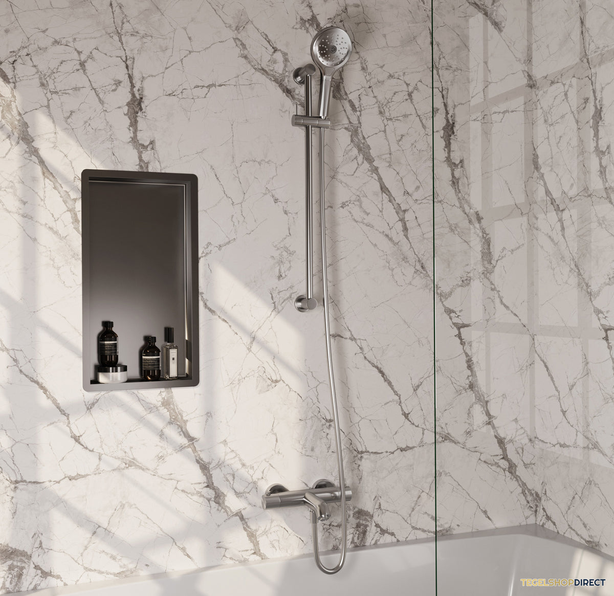 Brauer Stripe opbouw baddouche thermostaatkraan SET 02 met glijstang en 3-standen handdouche en doucheslang RVS-kleurig geborsteld PVD