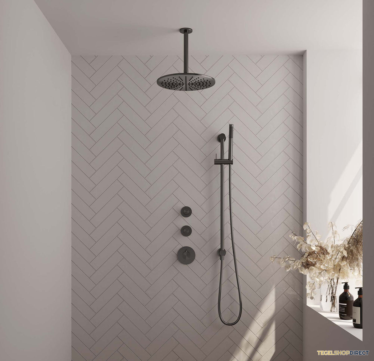 Regendoucheset Inbouw Brauer Gunmetal Edition Thermostatisch 30cm met Plafondarm, Glijstang en Handdouche Staaf Losse Stopkranen Geborsteld Gunmetal