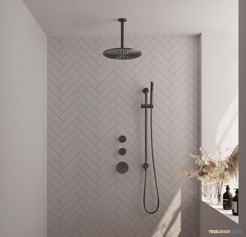 Regendoucheset Inbouw Brauer Gunmetal Edition Thermostatisch 30cm met Plafondarm, Glijstang en Handdouche Staaf Losse Stopkranen Geborsteld Gunmetal