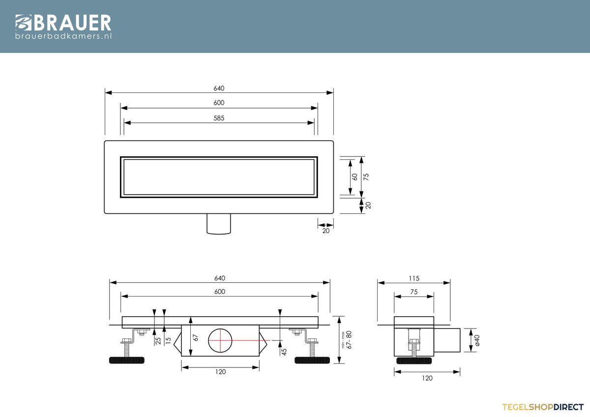 Douchegoot Brauer Zero RVS Inclusief Vloerflens 60x7 cm Tegelinlegrooster Omkeerbaar – afbeelding 5