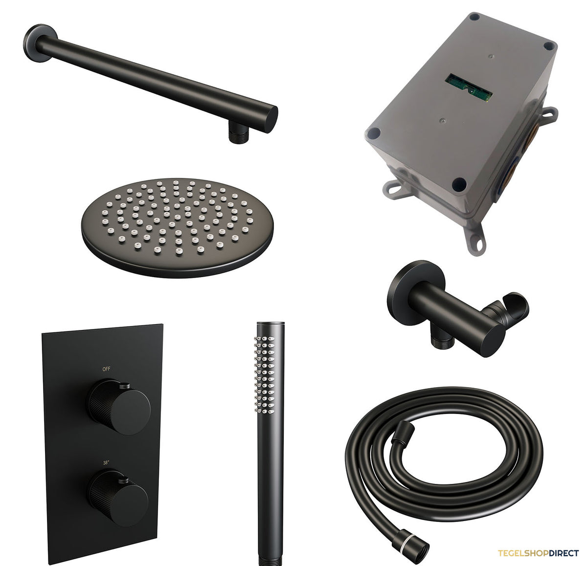 Regendoucheset Inbouw Brauer Black Carving Thermostatisch 20cm met 3-Weg Omstelling, Wandarm en Staaf Handdouche Mat Zwart – afbeelding 3