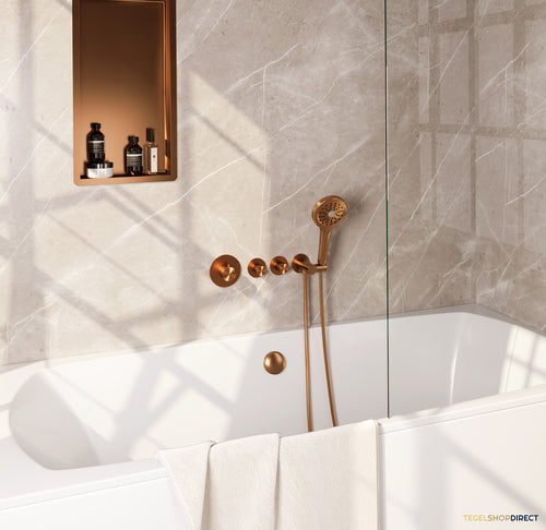 Brauer Stripe thermostatische inbouw badkraan SET 02 met badvulcombinatie en 3-standen handdouche en doucheslang en wandaansluitbocht koper geborsteld PVD