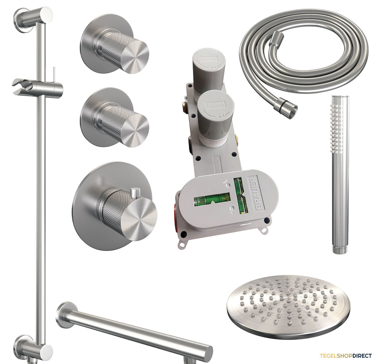Regendoucheset Inbouw Brauer Brushed Carving Thermostatisch 20cm met Wandarm, Glijstang en Handdouche Staaf Losse Stopkranen Geborsteld RVS – afbeelding 3