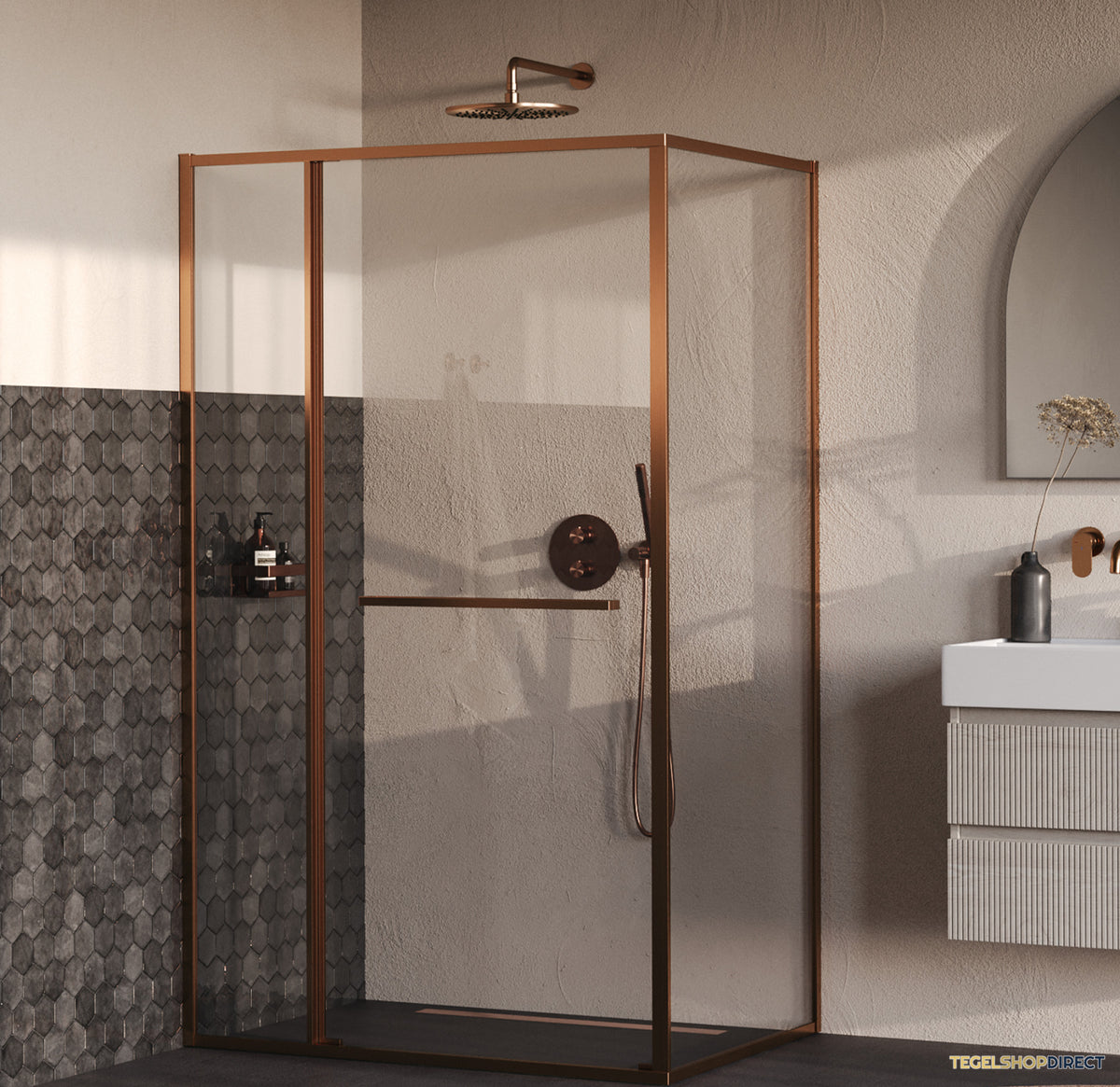 BRAUER Luminis Douchecabine 3-Delig Naar Binnen Draaiend 120x90x200 Omkeerbaar Helder Glas Incl. Glascoating PVD Koper Geborsteld