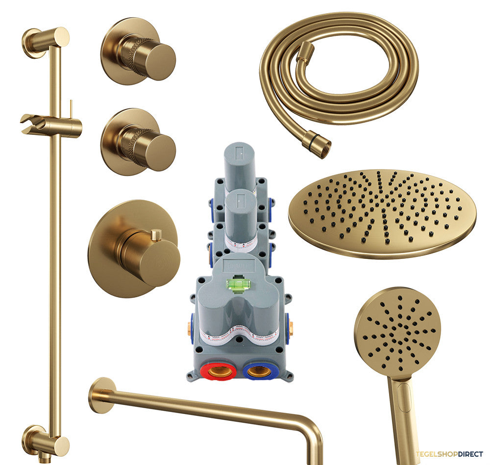 Regendoucheset Inbouw Brauer Gold Edition Thermostatisch 30cm met Gebogen Wandarm, Glijstang en Handdouche 3-Standen Losse Stopkranen Geborsteld Goud – afbeelding 2