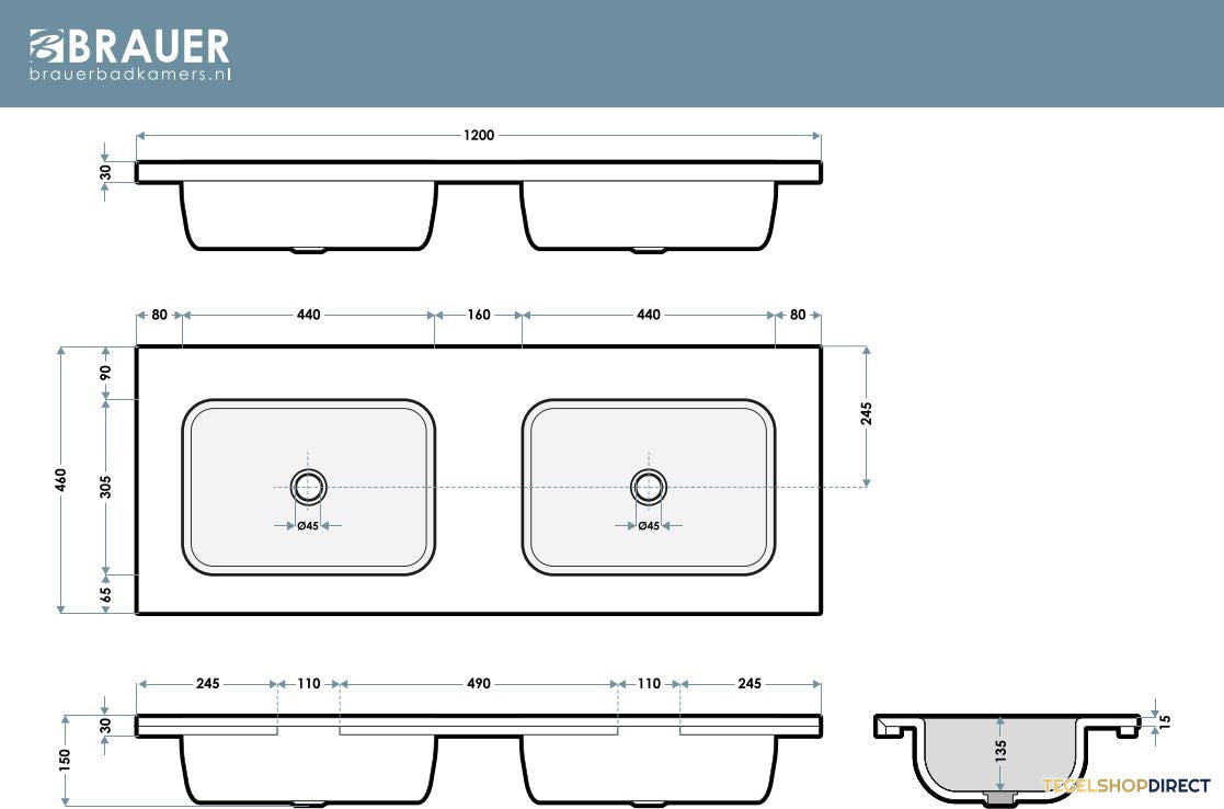 BRAUER Dune Medium wastafel 120 cm met 2 wasbakken en 0 kraangaten Sintered Stone Ivory Travertin – afbeelding 5