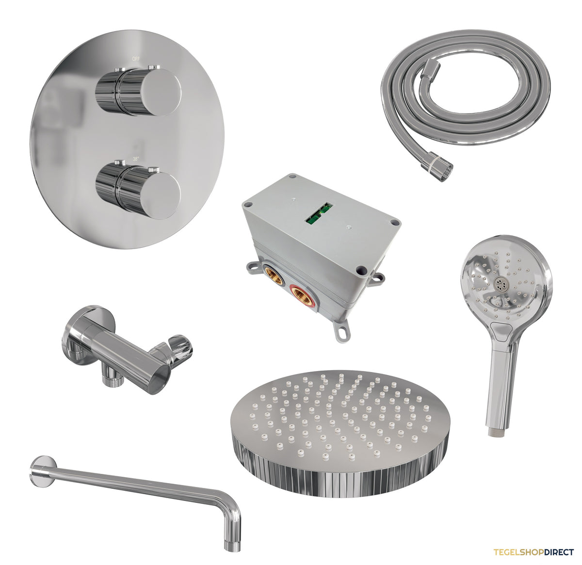 Brauer Stripe thermostatische inbouw regendouche 3-weg rond SET 41 met 25 cm douchekop en gebogen muurarm en 3-standen handdouche en doucheslang en wandaansluitbocht chroom – afbeelding 3