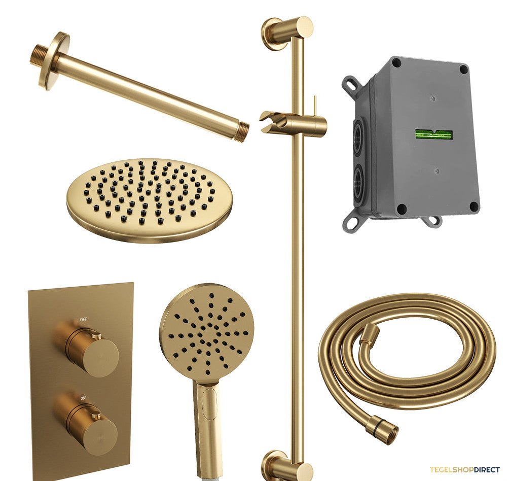 Regendoucheset Inbouw Brauer Gold Edition Thermostatisch 20cm met 3-Weg Omstelling, Plafondarm, Glijstang en Handdouche 3-Standen Geborsteld Goud – afbeelding 2