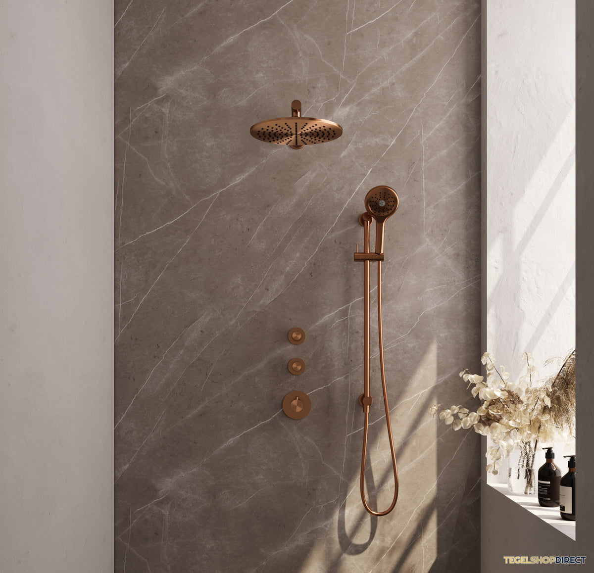 Thermostatisch Inbouwdoucheset Brauer Copper 30cm Hoofddouche Wandarm 3 Standen Handdouche op Glijstang Koper