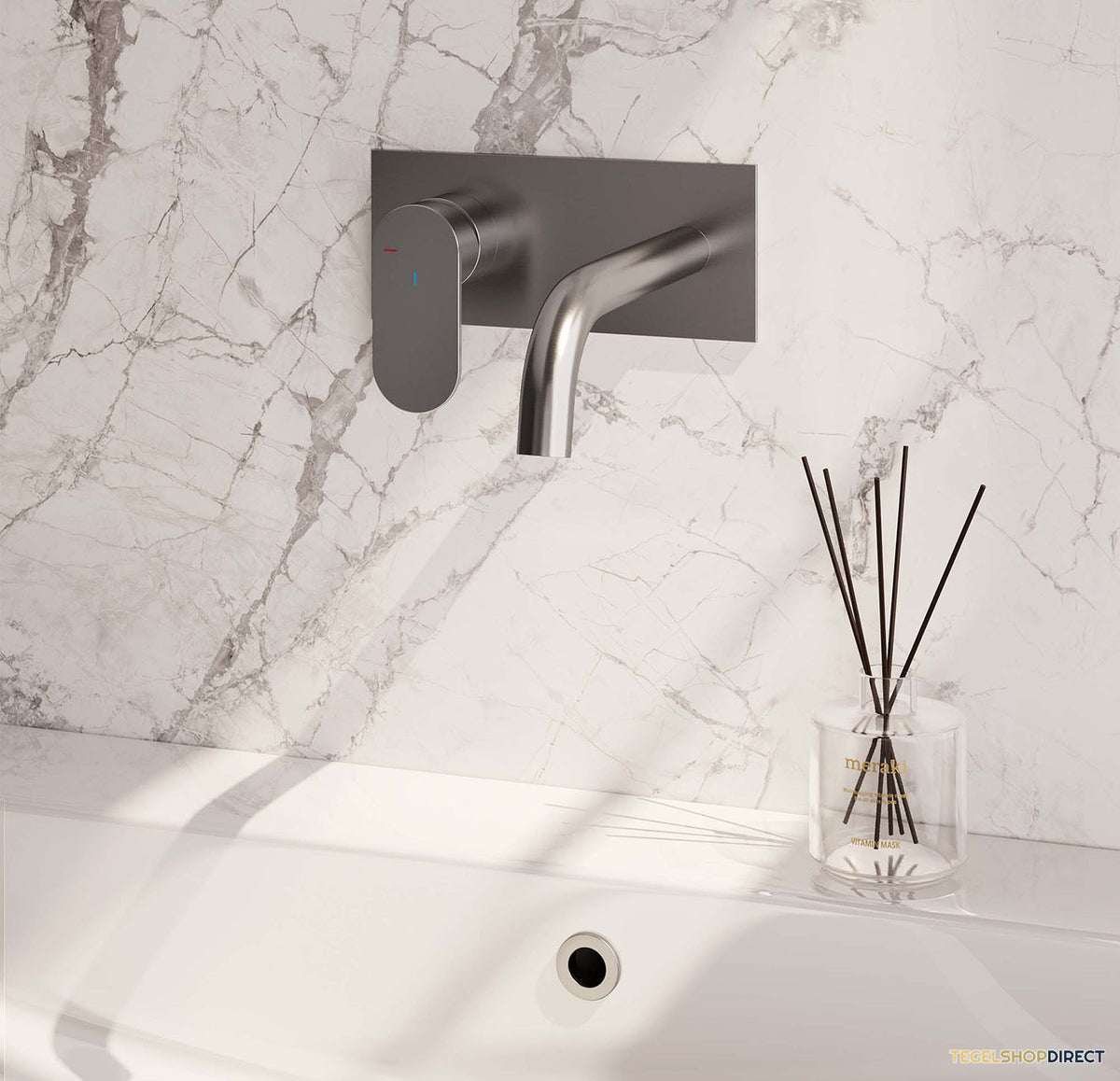 Inbouw Wastafelmengkraan Brauer Brushed Edition Coldstart Gebogen Uitloop Platte Hendel Links Geborsteld RVS PVD Met Afdekplaat – afbeelding 2