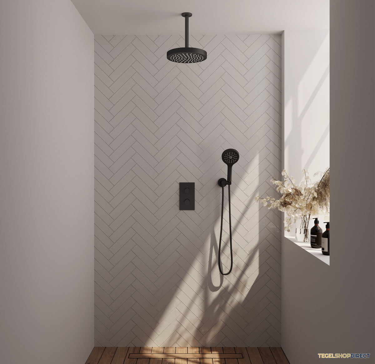 Brauer Stripe thermostatische inbouw regendouche 3-weg rechthoekig SET 18 met 25 cm douchekop en plafondarm en 3-standen handdouche en doucheslang en wandaansluitbocht mat zwart – afbeelding 2