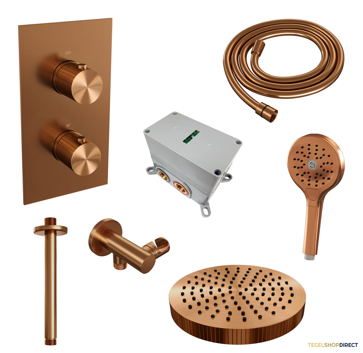 Brauer Stripe thermostatische inbouw regendouche 3-weg rechthoekig SET 18 met 25 cm douchekop en plafondarm en 3-standen handdouche en doucheslang en wandaansluitbocht koper geborsteld PVD – afbeelding 3