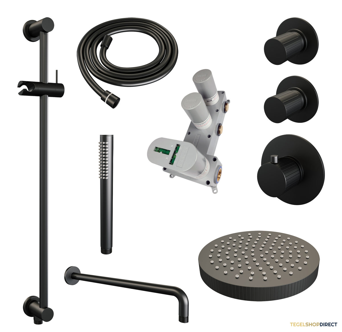 Brauer Stripe thermostatische inbouw regendouche SET 08 met 25 cm douchekop en gebogen muurarm en staaf handdouche en doucheslang en geintegreerde glijstang mat zwart – afbeelding 3