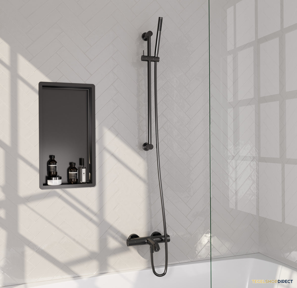 Brauer Stripe opbouw baddouche thermostaatkraan SET 01 met glijstang en staaf handdouche en doucheslang gunmetal geborsteld PVD