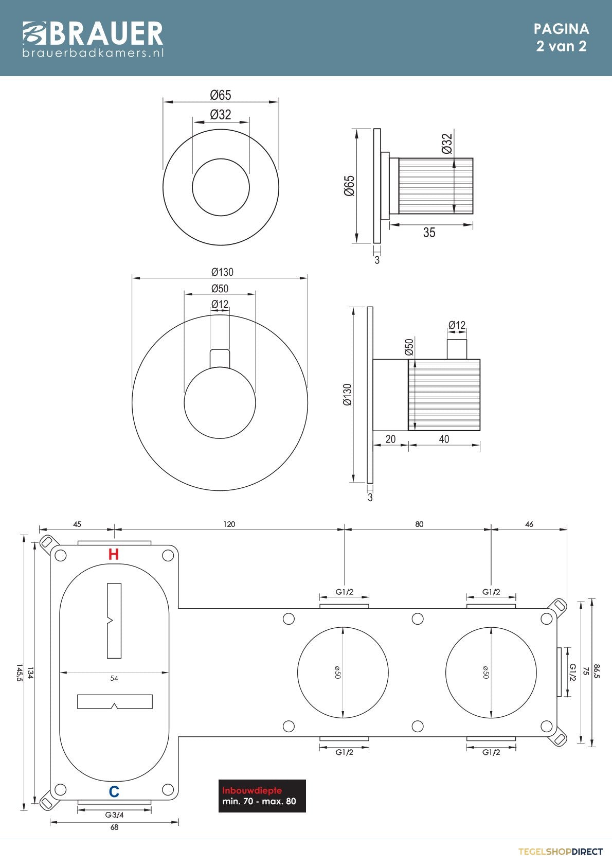 Brauer Stripe thermostatische inbouw badkraan SET 01 met uitloop en staaf handdouche en doucheslang en wandaansluitbocht koper geborsteld PVD – afbeelding 10
