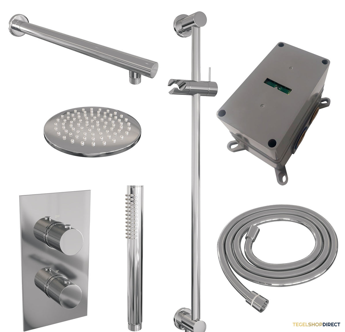Regendoucheset Inbouw Brauer Chrome Carving Thermostatisch 20cm met 3-Weg Omstelling, Wandarm, Glijstang en Staaf Handdouche Chroom – afbeelding 4