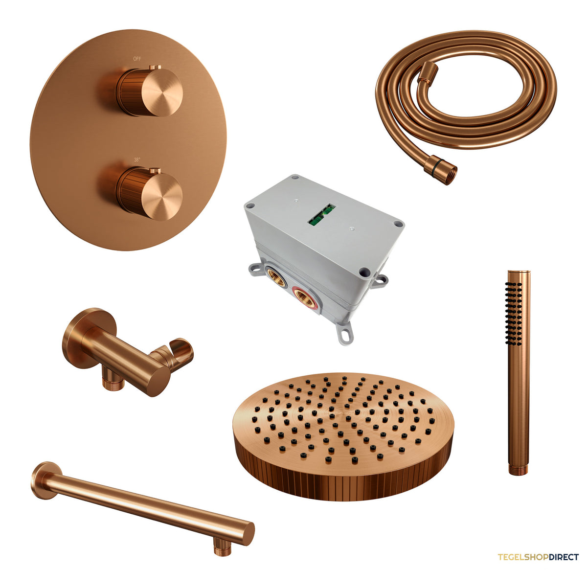 Brauer Stripe thermostatische inbouw regendouche 3-weg rond SET 37 met 25 cm douchekop en rechte muurarm en staaf handdouche en doucheslang en wandaansluitbocht koper geborsteld PVD – afbeelding 3