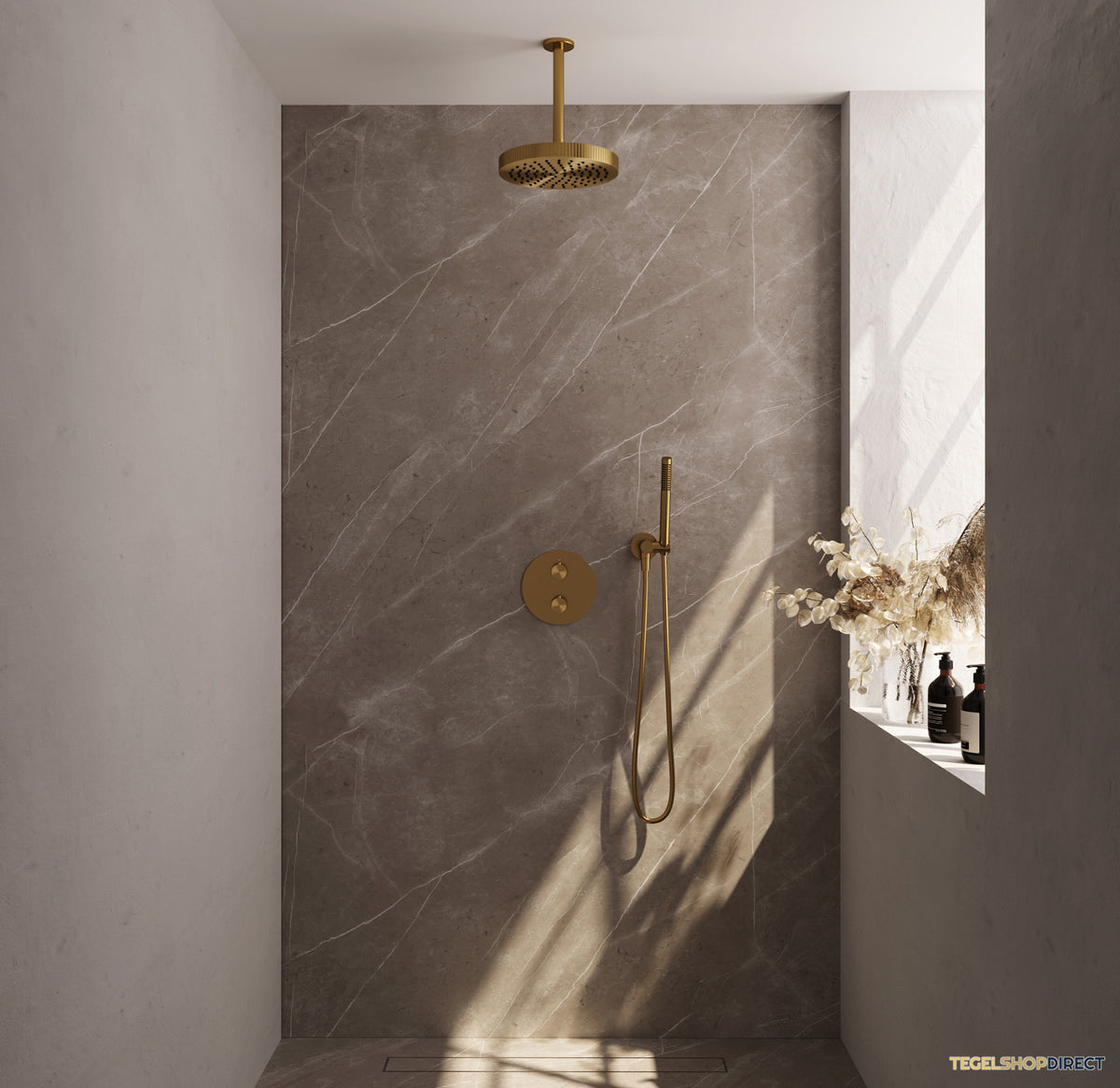 Brauer Stripe thermostatische inbouw regendouche 3-weg rond SET 39 met 25 cm douchekop en plafondarm en staaf handdouche en doucheslang en wandaansluitbocht goud geborsteld PVD – afbeelding 2