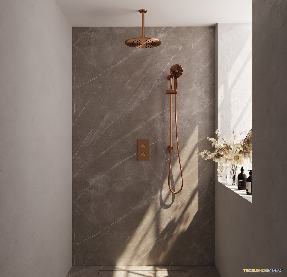 Inbouw Regendouche Set Brauer Copper Edition Plafond Uitloop Ronde Hoofddouche 30 cm Met Glijstang en Handdouche 3 Standen Koper – afbeelding 2
