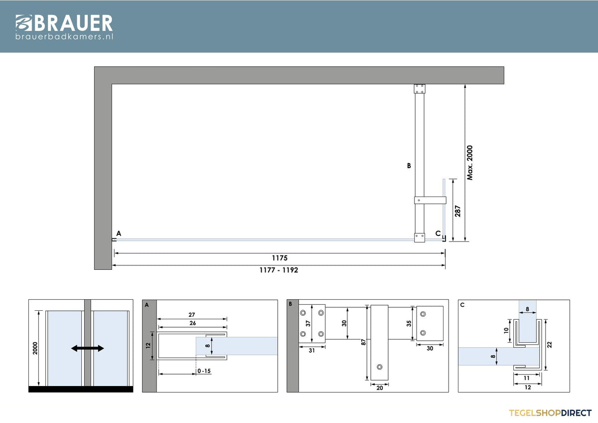 BRAUER Oblivion inloopdouche helder glas 120x200 met zijwand 30 incl. glascoating PVD koper geborsteld – afbeelding 5