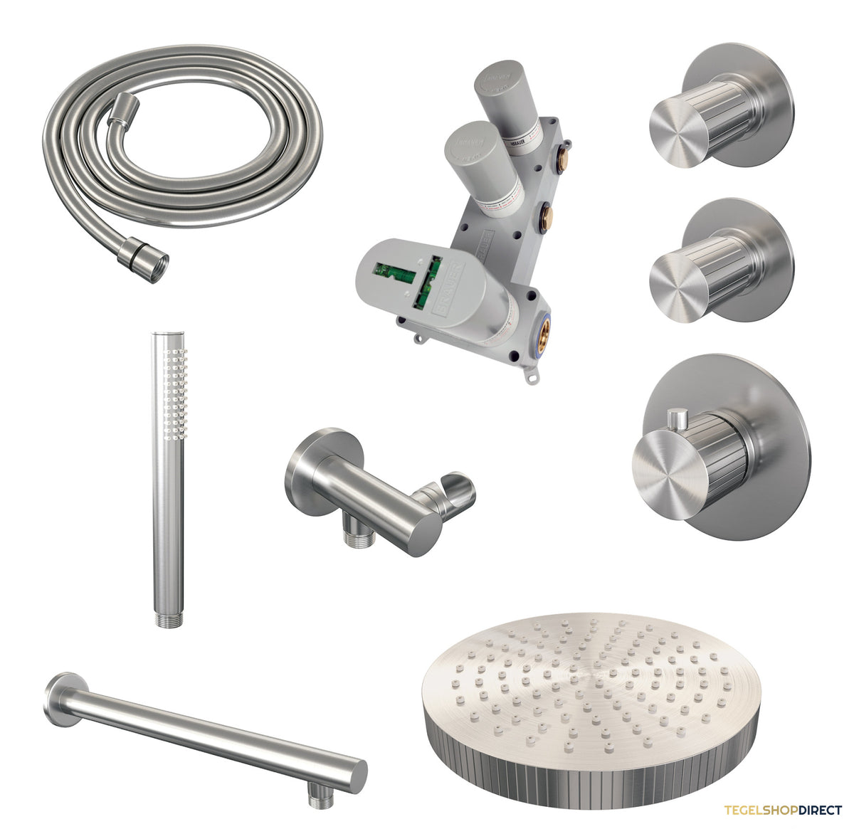 Brauer Stripe thermostatische inbouw regendouche SET 01 met 25 cm douchekop en rechte muurarm en staaf handdouche en doucheslang en wandaansluitbocht RVS-kleurig geborsteld PVD – afbeelding 3
