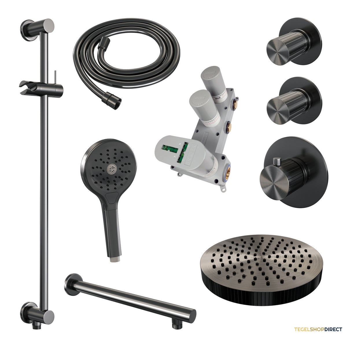 Brauer Stripe thermostatische inbouw regendouche SET 10 met 25 cm douchekop en rechte muurarm en 3-standen handdouche en doucheslang en geintegreerde glijstang gunmetal geborsteld PVD – afbeelding 3