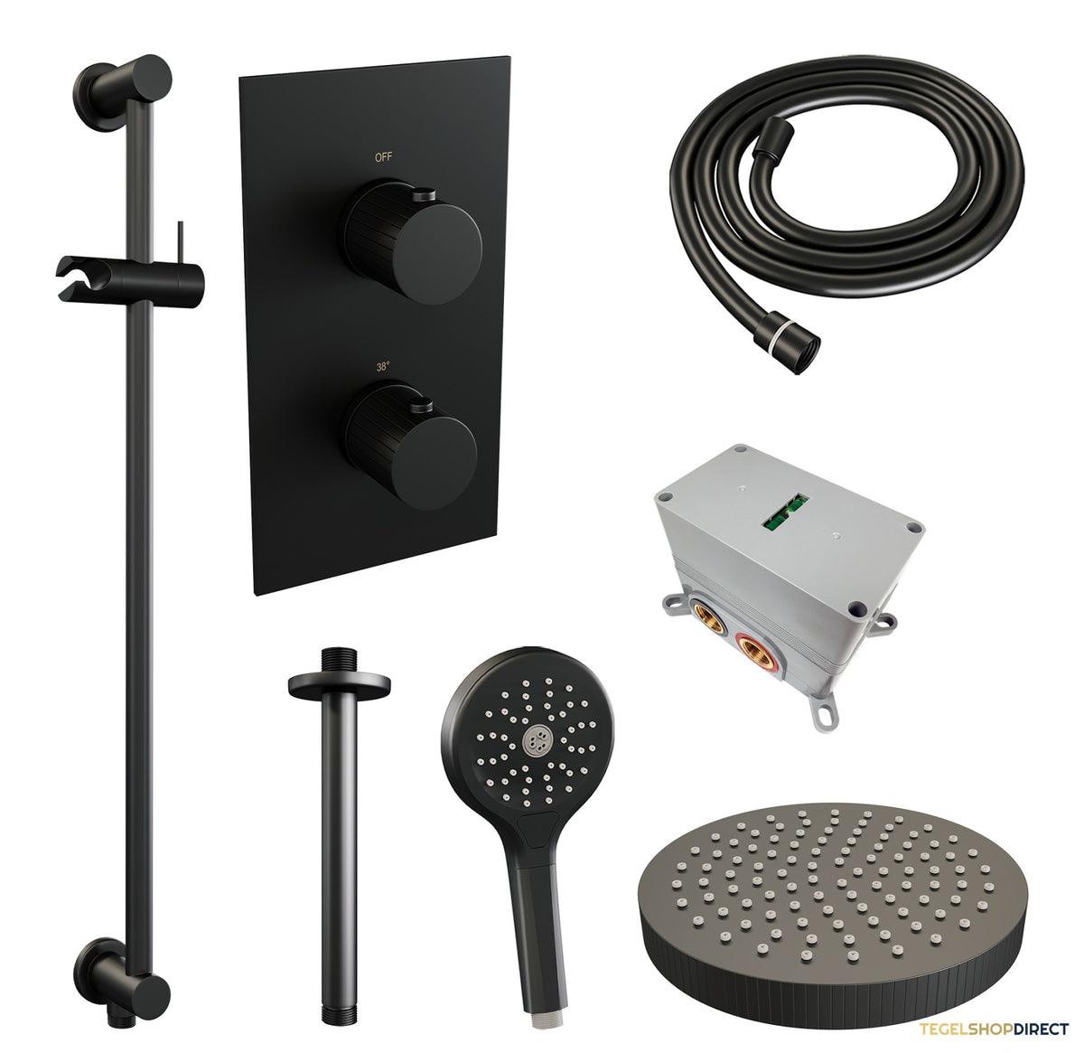 Brauer Stripe thermostatische inbouw regendouche 3-weg rechthoekig SET 24 met 25 cm douchekop en plafondarm en 3-standen handdouche en doucheslang en geintegreerde glijstang mat zwart – afbeelding 3