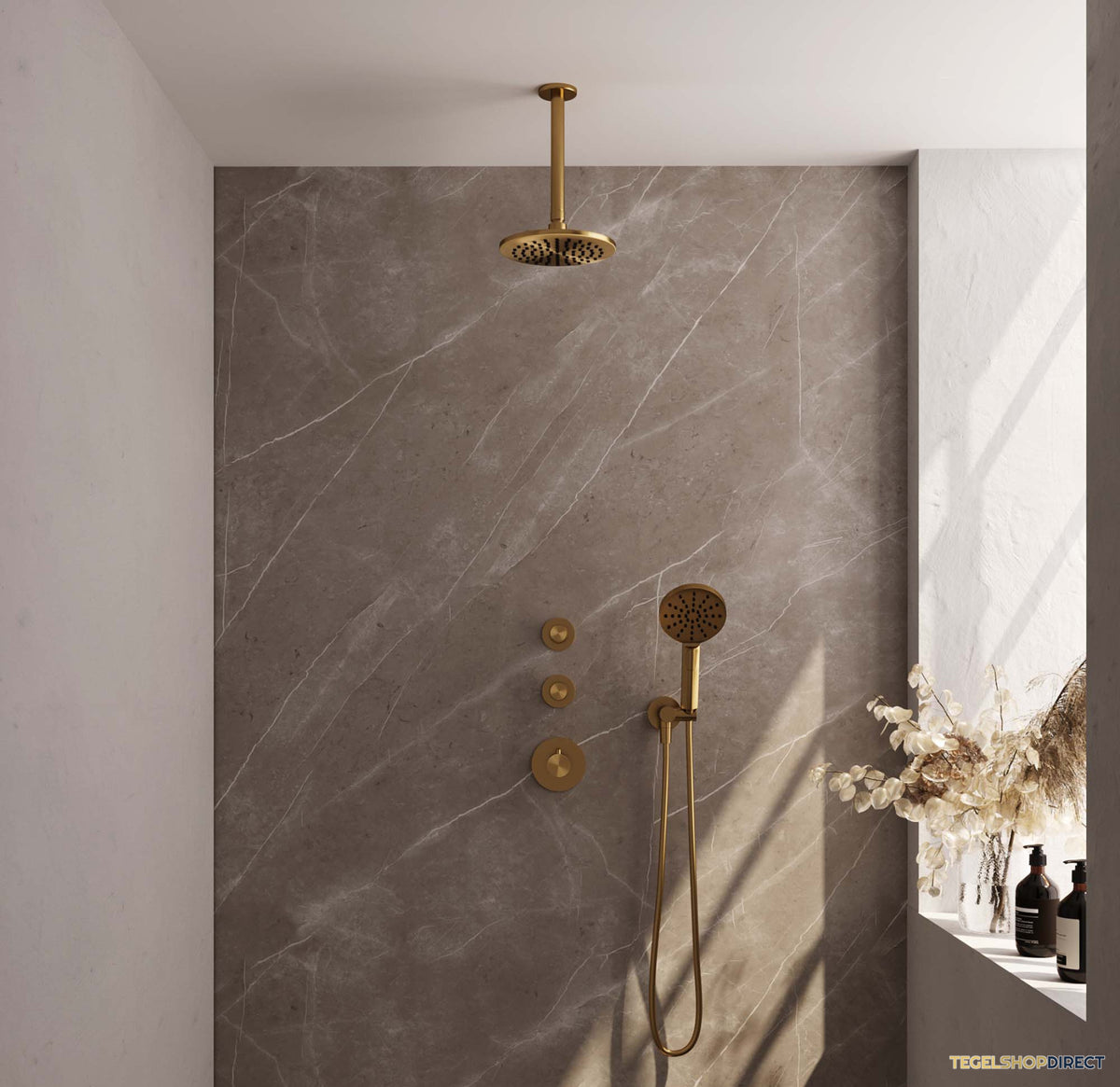 Regendoucheset Inbouw Brauer Gold Edition Thermostatisch 20cm met Plafondarm en Handdouche 3-Standen Losse Stopkranen Geborsteld Goud