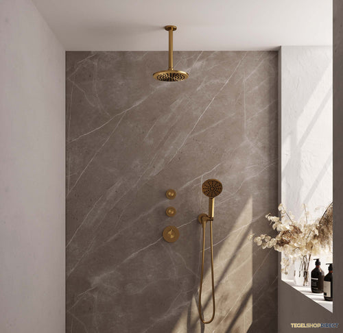 Regendoucheset Inbouw Brauer Gold Edition Thermostatisch 20cm met Plafondarm en Handdouche 3-Standen Losse Stopkranen Geborsteld Goud