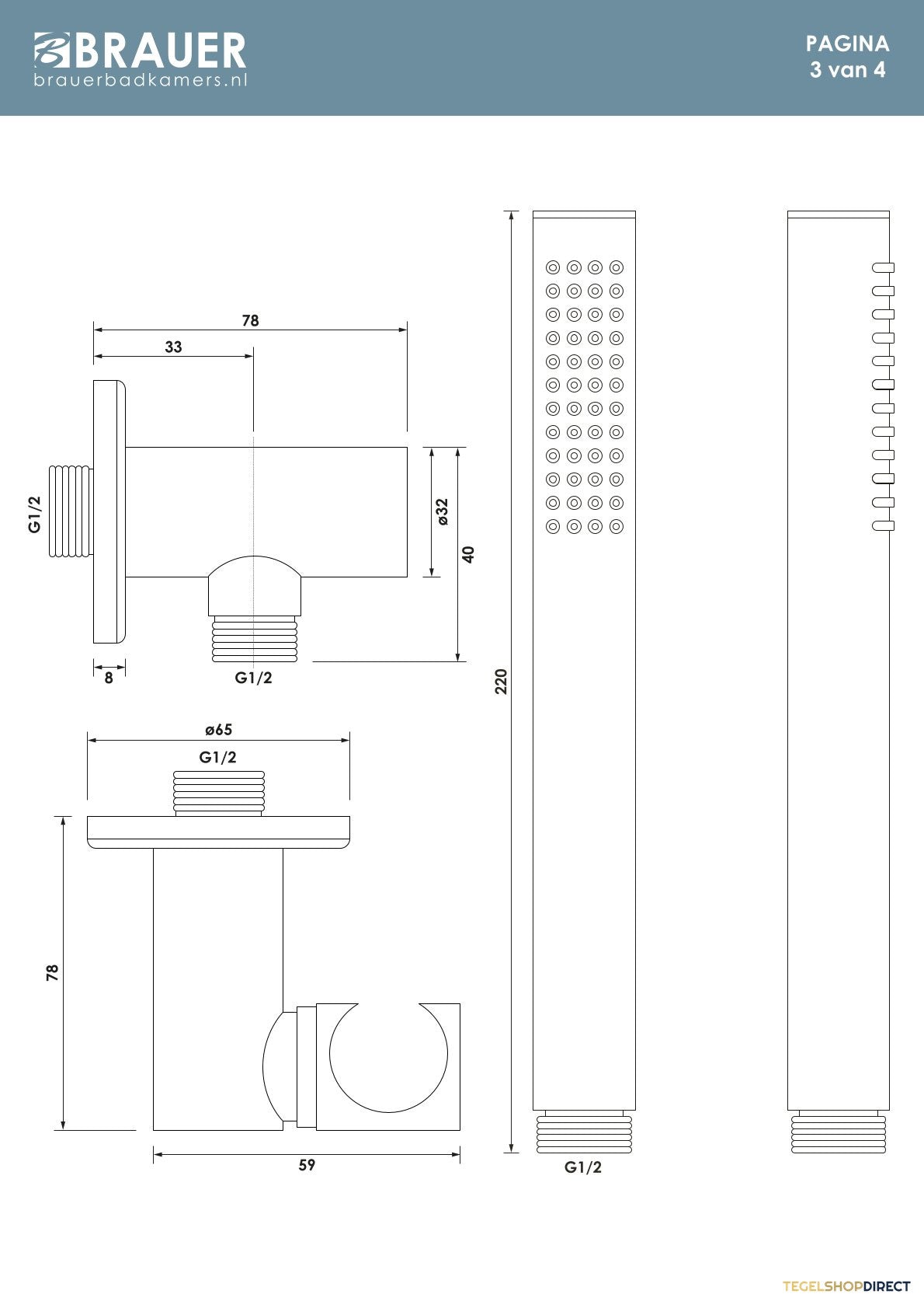 Brauer Stripe thermostatische inbouw regendouche 3-weg rond SET 38 met 25 cm douchekop en gebogen muurarm en staaf handdouche en doucheslang en wandaansluitbocht mat zwart – afbeelding 11