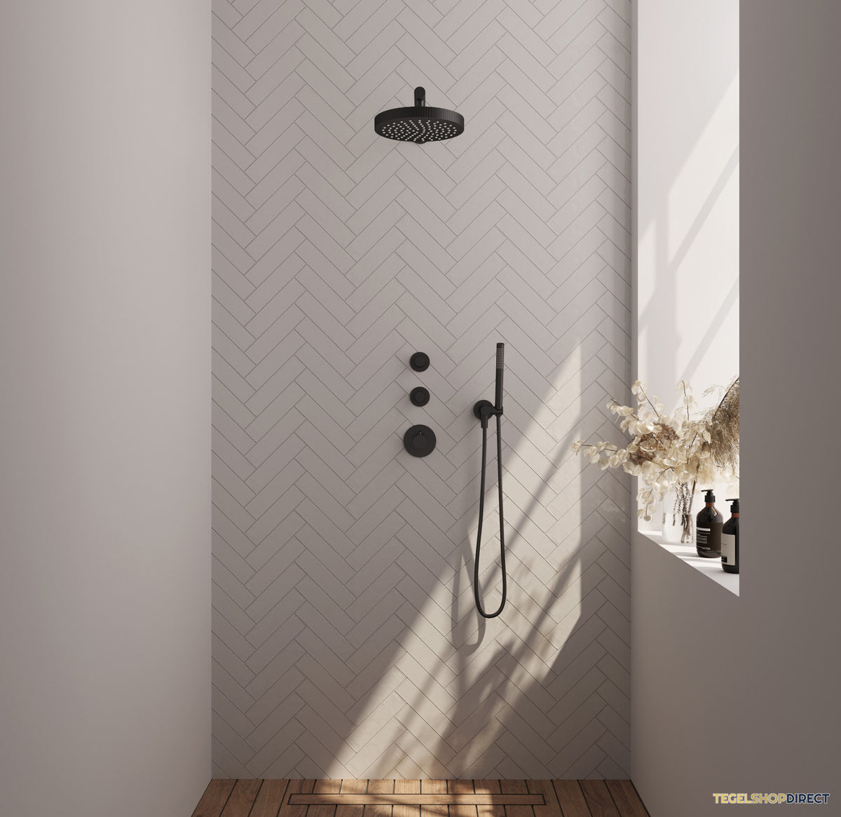 Brauer Stripe thermostatische inbouw regendouche SET 01 met 25 cm douchekop en rechte muurarm en staaf handdouche en doucheslang en wandaansluitbocht mat zwart – afbeelding 2