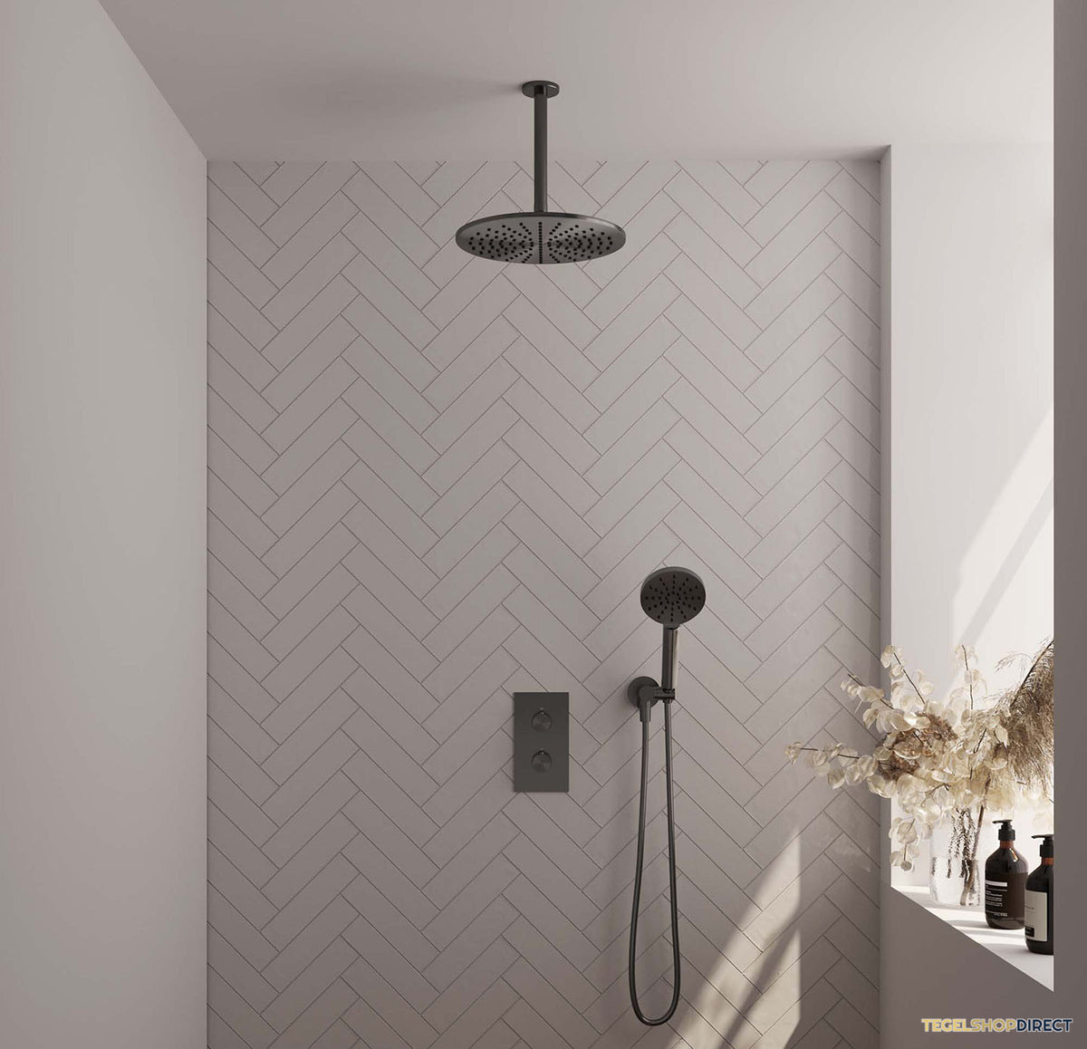 Regendoucheset Inbouw Brauer Gunmetal Edition Thermostatisch 30cm met 3-Weg Omstelling, Plafondarm en 3-Standen Handdouche Geborsteld Gunmetal