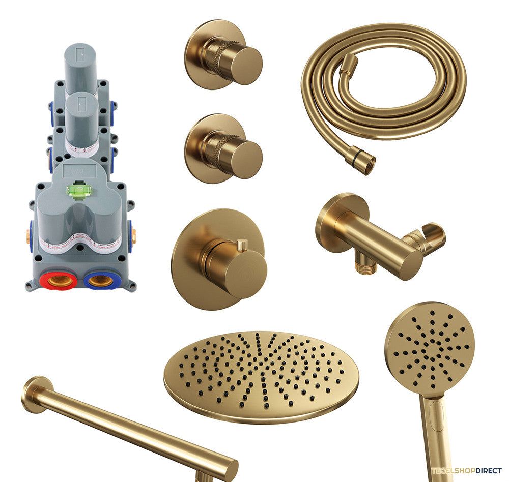 Regendoucheset Inbouw Brauer Gold Edition Thermostatisch 30cm met Wandarm en Handdouche 3-Standen Losse Stopkranen Geborsteld Goud – afbeelding 2
